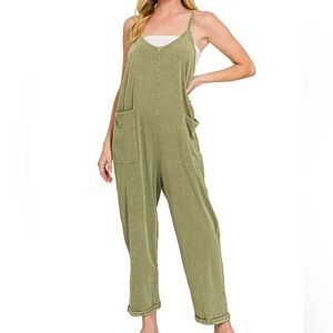 Washed Spaghetti Straps Overalls with Pockets - Light Olive